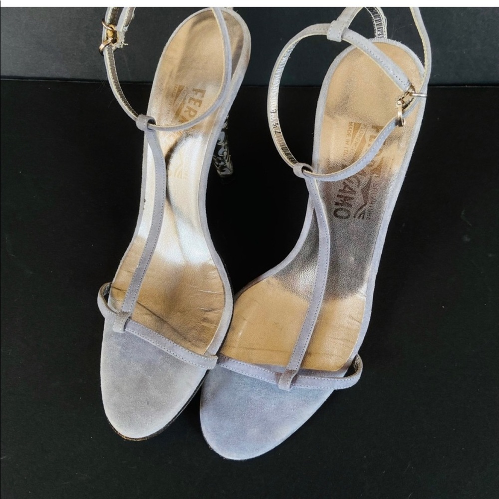 Ferragamo gray blue suede strappy sandals